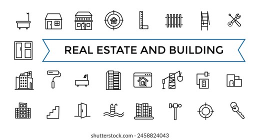 Real Estate line web icon set. Included the icons as realty, property, mortgage, home loan and more. Outline icons pack. Icon collection. Editable vector icon and illustration.