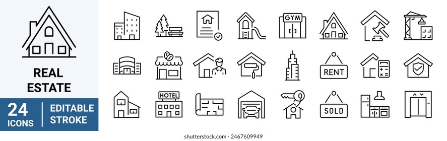 Immobilien Linie Web-Icons. Enthaltene Symbole wie Immobilien, Hypothek, Wohnungskredit. Kollektion von Gliederungssymbolen. Vektorillustration.