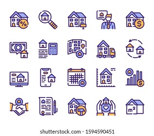 Conjunto de iconos vectoriales de color lineal de bienes raíces. Casa para alquiler y venta de símbolos de contorno azul. Mudándose, renovando casas, reparador, hipoteca. Colección de ilustraciones de esquema de propiedad comercial