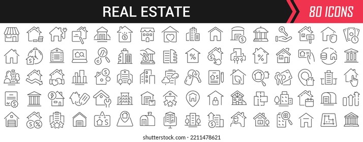 Real estate linear icons in black. Big UI icons collection in a flat design. Thin outline signs pack. Big set of icons for design