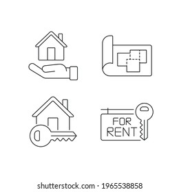 Iconos lineales del sector inmobiliario. Casa en venta. Ilustración personalizable de línea delgada. Símbolo de contorno. Dibujo de contorno aislado del vector. Trazo editable