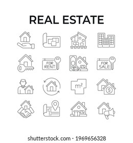 Real estate linear icons set. House for sale. Thin line customizable illustration. Contour symbol. Vector isolated outline drawing. Editable stroke