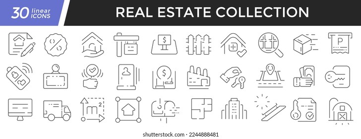 Iconos lineales del sector inmobiliario. Colección de 30 iconos en negro