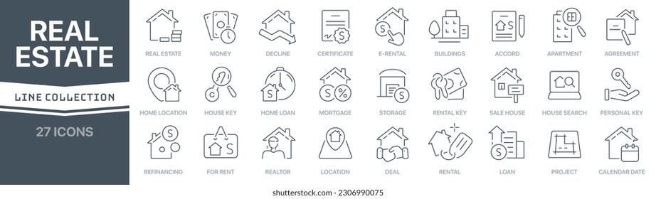 Real estate linear signed icon collection. Signed thin line icons collection. Set of real estate simple outline icons