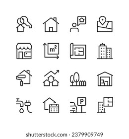 Real Estate, linear style icons set. Buying, renting and letting real estate. Apartment, house, land plot, commercial real . Investments. Editable stroke width