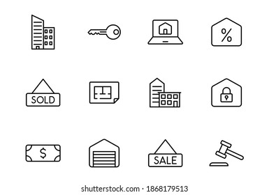 iconos de vectores lineales de bienes raíces aislados en blanco. conjunto de iconos inmobiliarios para diseño web y ui, aplicaciones móviles y productos de impresión