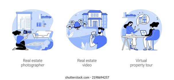 Real Estate Listing Isolated Cartoon Vector Illustrations Set. Professional Photographer Takes Photos Of House For Sale, Real Estate Aerial Video Shooting, Virtual 3D Property Tour Vector Cartoon.