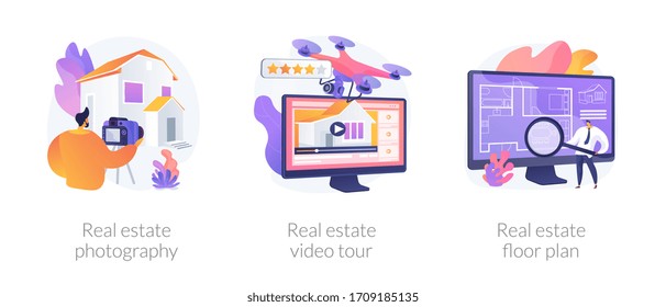 Real Estate Listing Services Abstract Concept Vector Illustration Set. Real Estate Photography, Video Tour And Floor Plan, Realty Agency Advertisement, Open House, Virtual Staging Abstract Metaphor.