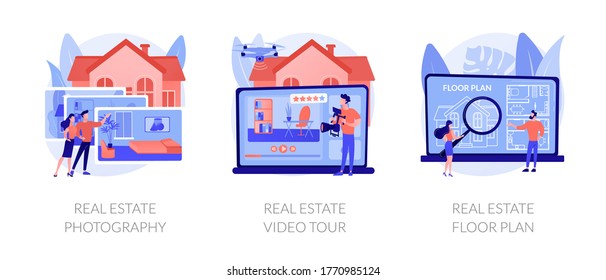 Real estate listing services abstract concept vector illustration set. Real estate photography, video tour and floor plan, realty agency advertisement, open house, virtual staging abstract metaphor.