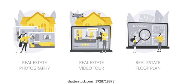 Real estate listing services abstract concept vector illustration set. Real estate photography, video tour and floor plan, realty agency advertisement, open house, virtual staging abstract metaphor.