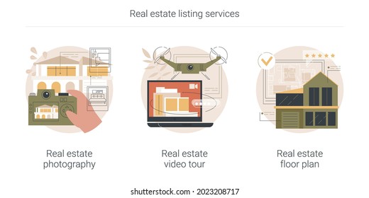 Real Estate Listing Services Abstract Concept Vector Illustration Set. Real Estate Photography, Video Tour And Floor Plan, Realty Agency Advertisement, Open House, Virtual Staging Abstract Metaphor.