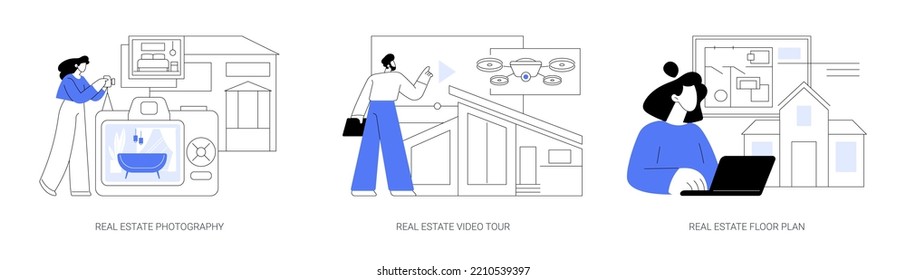 Real Estate Listing Services Abstract Concept Vector Illustration Set. Real Estate Photography, Video Tour And Floor Plan, Realty Agency Advertisement, Open House, Virtual Staging Abstract Metaphor.