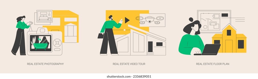 Real estate listing services abstract concept vector illustration set. Real estate photography, video tour and floor plan, realty agency advertisement, open house, virtual staging abstract metaphor.