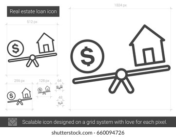 Real estate loan vector line icon isolated on white background. Real estate loan line icon for infographic, website or app. Scalable icon designed on a grid system.