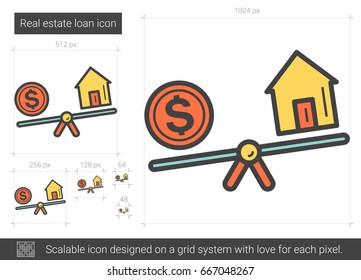 Real estate loan vector line icon isolated on white background. Real estate loan line icon for infographic, website or app. Scalable icon designed on a grid system.