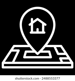 Real estate location icon featuring a map with a pinpoint and house symbol. Ideal for property listings, navigation apps, and real estate websites.