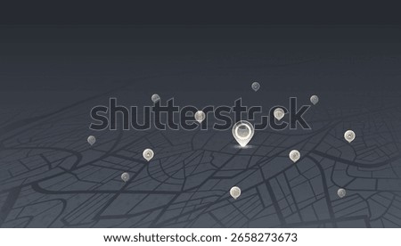 Real estate location map. Offices for rent or purchase. Dark urban navigation with property markers. Navigate isometric city. Vector illustration