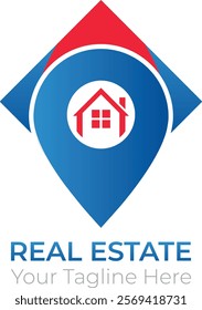 Real Estate Location Marker Home Finder, Property Search, Blue Red Design Clean, modern design with a diamond shape.