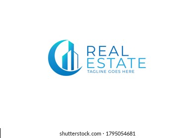 Real Estate Logo, architecture building logo concept in blue circle, vector illustration