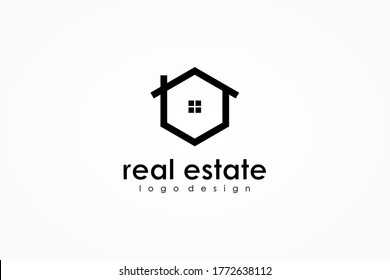 Real Estate Logo. Black Shape Hexagonal Line House Symbol with Window inside isolated on White Background. Usable for Construction Architecture Building Logo Design Template Element