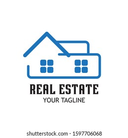 real estate logo in blue with black writing, pictures illustrating the house, simple design flat style isolated white background.