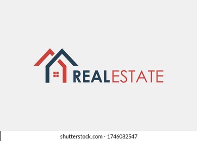 Real Estate Logo. Blue and Red House Symbol Geometric Linear Style isolated on White Background. Usable for Construction Architecture Building Logo Design Template Element.