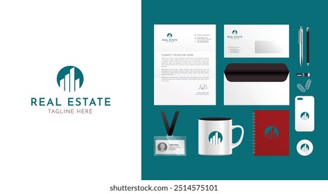 Real estate logo branding design kit. Corporate identity template. Business stationery mockup. Editable vector illustration.