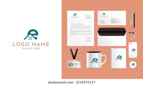 Real estate logo branding design kit. Corporate identity template. Business stationery mockup. Editable vector illustration.