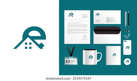 Real estate logo branding design kit. Corporate identity template. Business stationery mockup. Editable vector illustration.