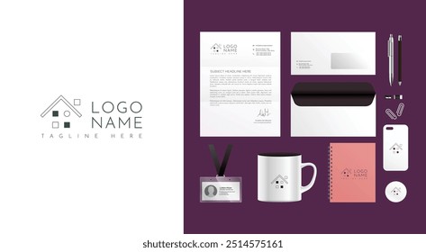 Real estate logo branding design kit. Corporate identity template. Business stationery mockup. Editable vector illustration.