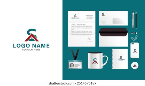 Real estate logo branding design kit. Corporate identity template. Business stationery mockup. Editable vector illustration.