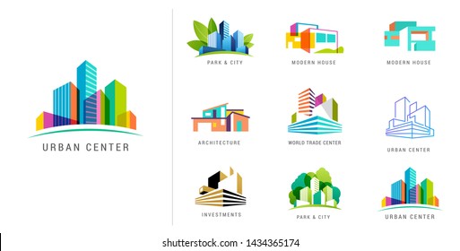 Real estate logo, building development, set of logos, icons and elements