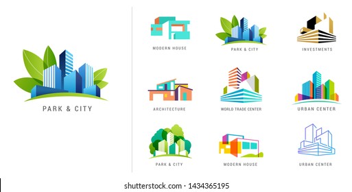 Logotipo inmobiliario, desarrollo de edificios, conjunto de logotipos, iconos y elementos