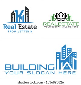 Real estate logo with building initial K blue black green vector suitable for mortgage business agency