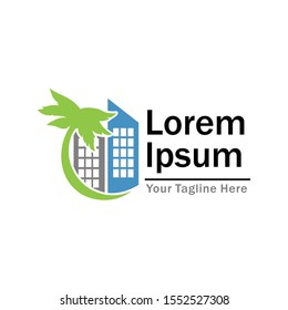 Real Estate logo with building and palm tree