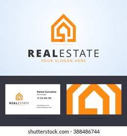 Real estate logo and business card template. Vector illustration for print.