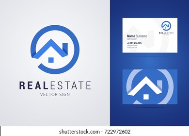 Real estate logo and business card template. Outline style house sign with overlapping shadow effects. Vector illustration for print or web.