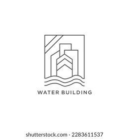 Real Estate Logo Circle design vector template Linear style. House on Water wave Logotype concept icon.