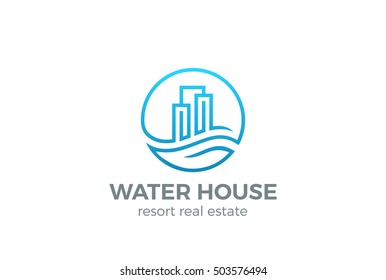 Real Estate Logo Circle Design Vector Template Linear Style.
House On Water Wave Logotype Concept Icon.