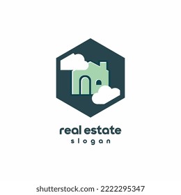 Real estate logo with cloud in the hexagon. house home property building icon