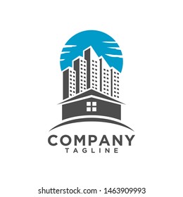 Real estate logo with cloud and sun in the blue sky