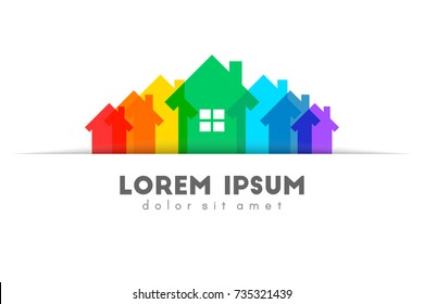 Real estate logo with colorful house set as supply concept. Tucked and pocket design.