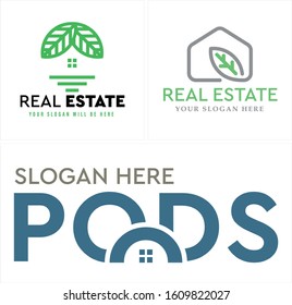 Real estate logo combination with green leaves window roof home stairs and lettering line art vector suitable for mortgage building business template concept web company