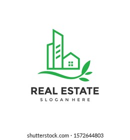 Real Estate Logo. Creative real estate icon with green leafs