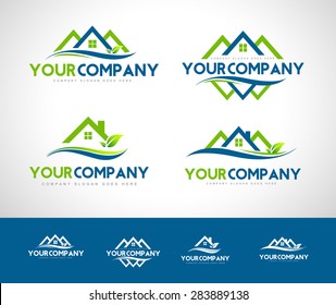 Real Estate Logo. Creative real estate icon with green leafs