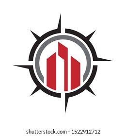 Real estate logo design, abstract commercial building inside compass shape  template vector illustration.