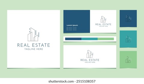 real estate logo design and business card template vector. Logo design for cityscape, construction, office, company. Luxury modern minimalist real estate logo.