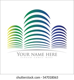 Real estate logo design concept with green blue buildings