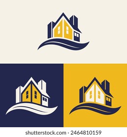 real estate logo design featuring blue and yellow colors with silhouette buildings in the background