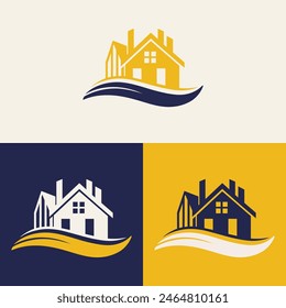 real estate logo design featuring blue and yellow colors with silhouette buildings in the background